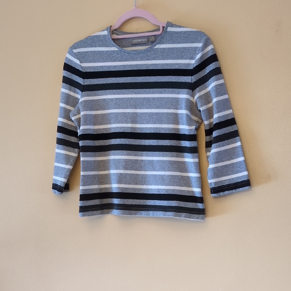 Croft & Barrow 3/4 Sleeve Tee - Gray, Black, and White Stripes, sz S